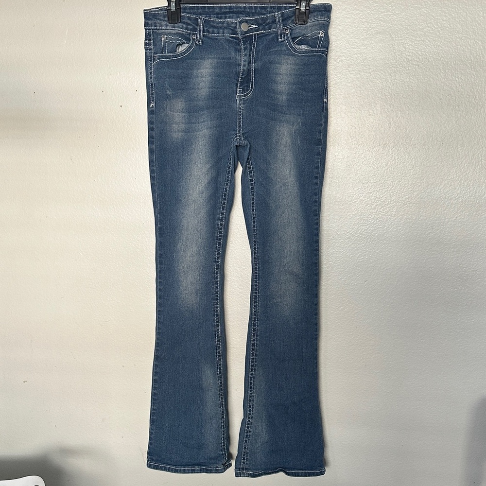 Women’s Mid Blue Flare Jeans With Design On Back Pockets